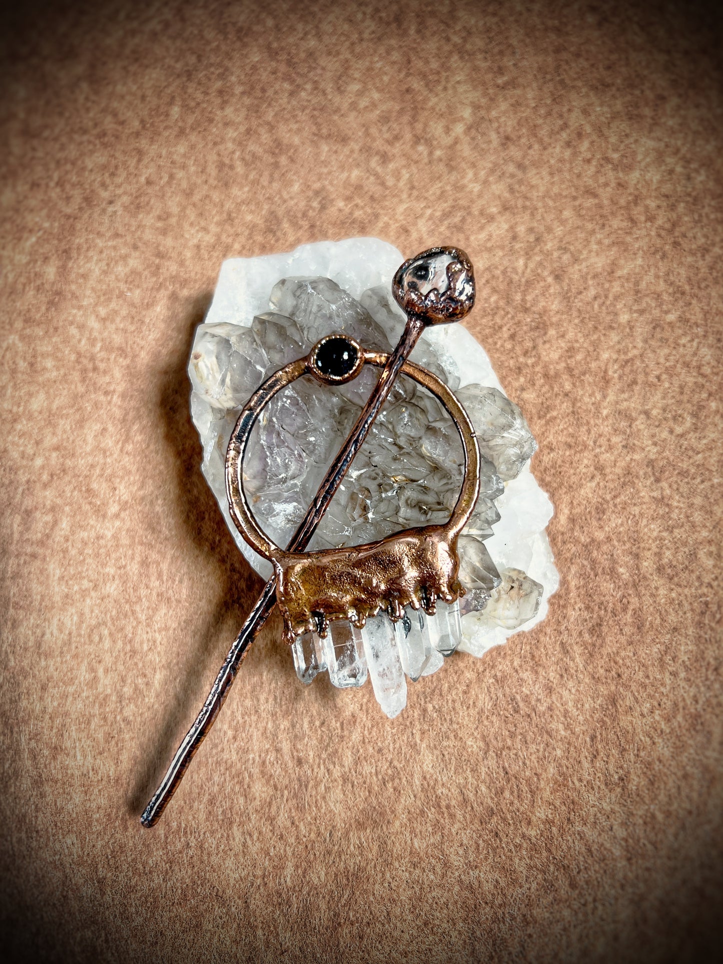 Crystal Hair Brooch / Barrette / Hairpin made of Clear Quartz Seeds and Black Opal in Electroformed Copper