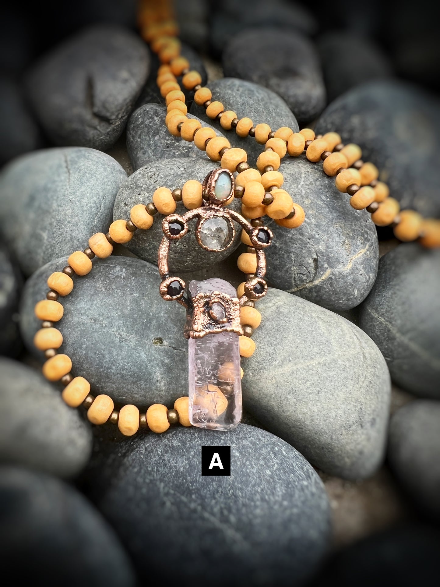 Lavender Amethyst / Opal / Citrine / Herkimer Electroformed Copper with Wooden Beads Necklace