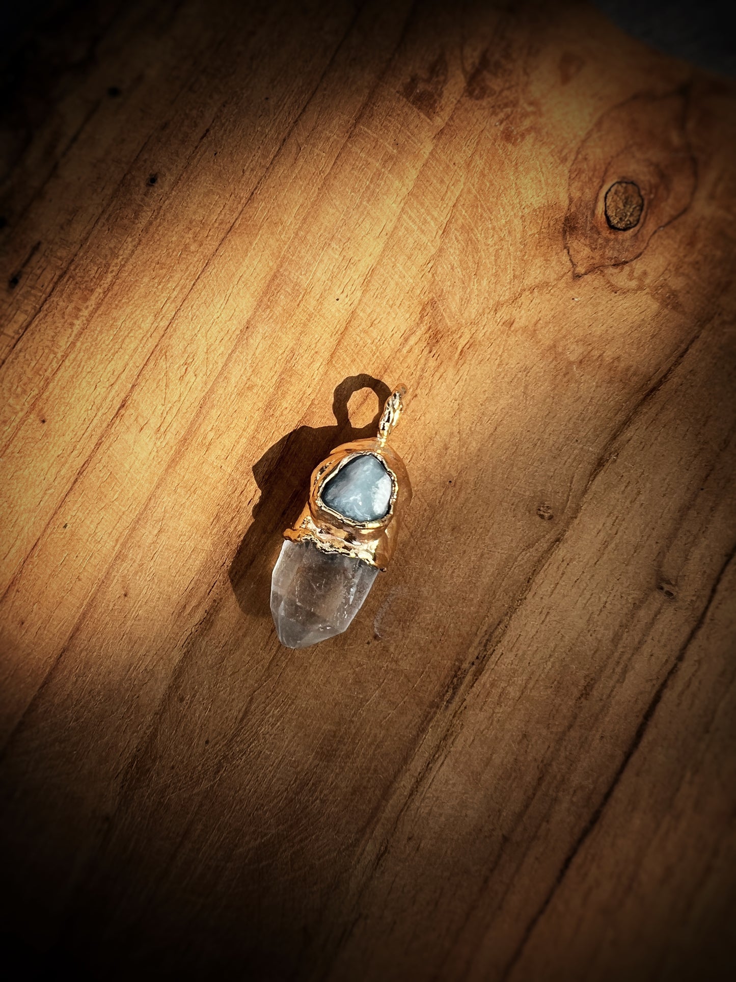 Angelite with Clear Quartz Point on Electroformed Copper Gold Plated Pendant