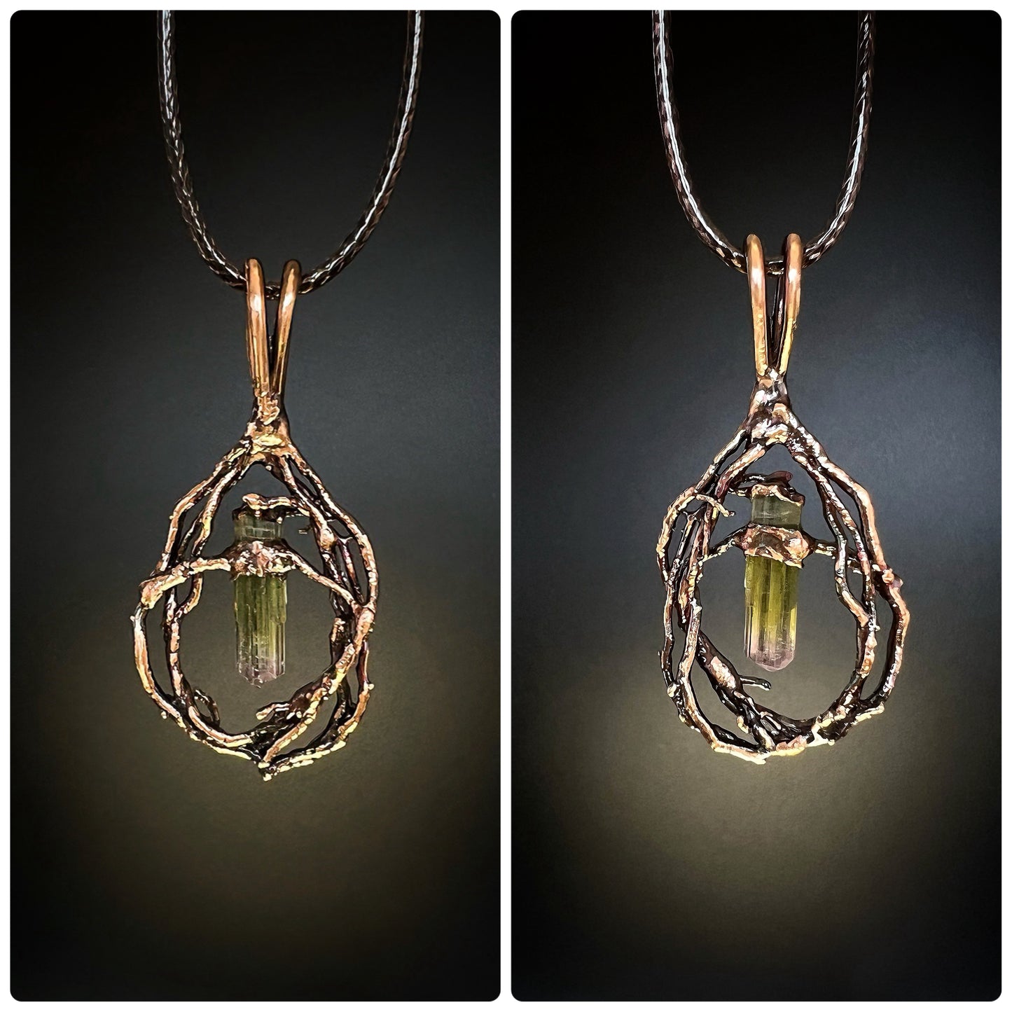 Raw Bi Color Watermelon Tourmaline on Electroformed Copper Pendant