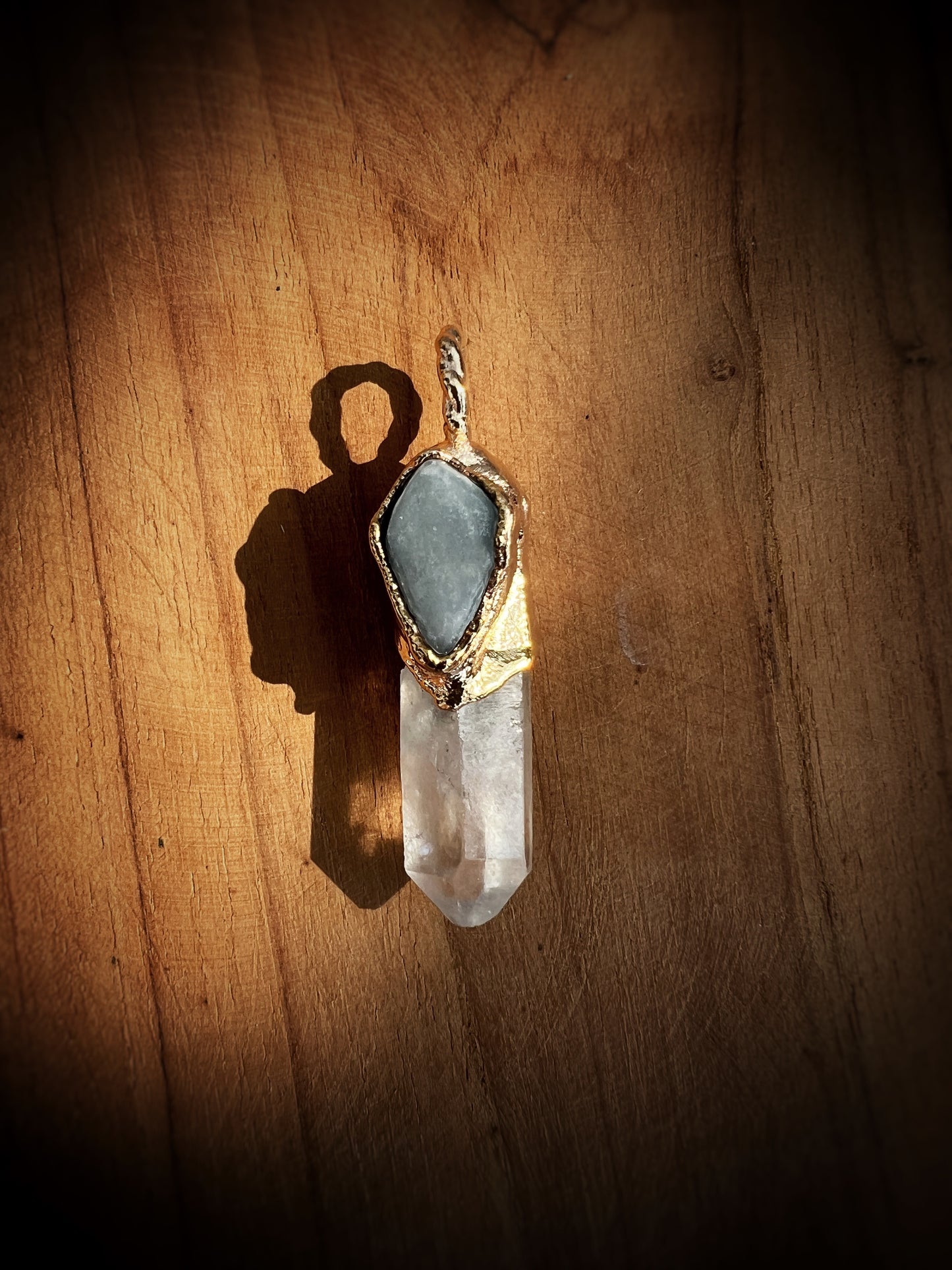 Angelite with Clear Quartz Point on Electroformed Copper Gold Plated Pendant