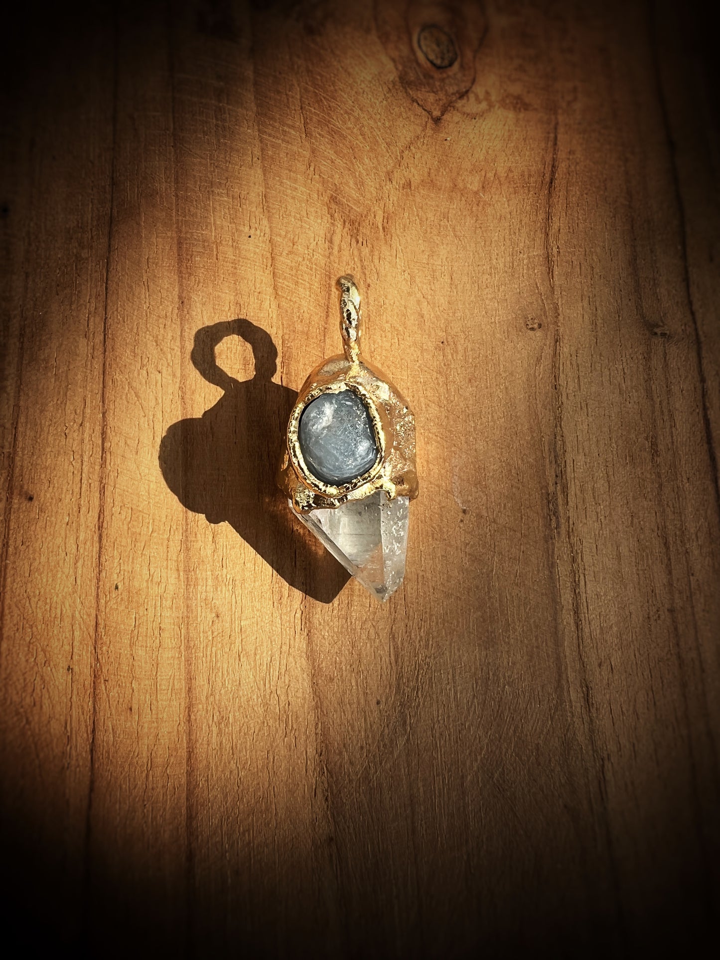 Angelite with Clear Quartz Point on Electroformed Copper Gold Plated Pendant