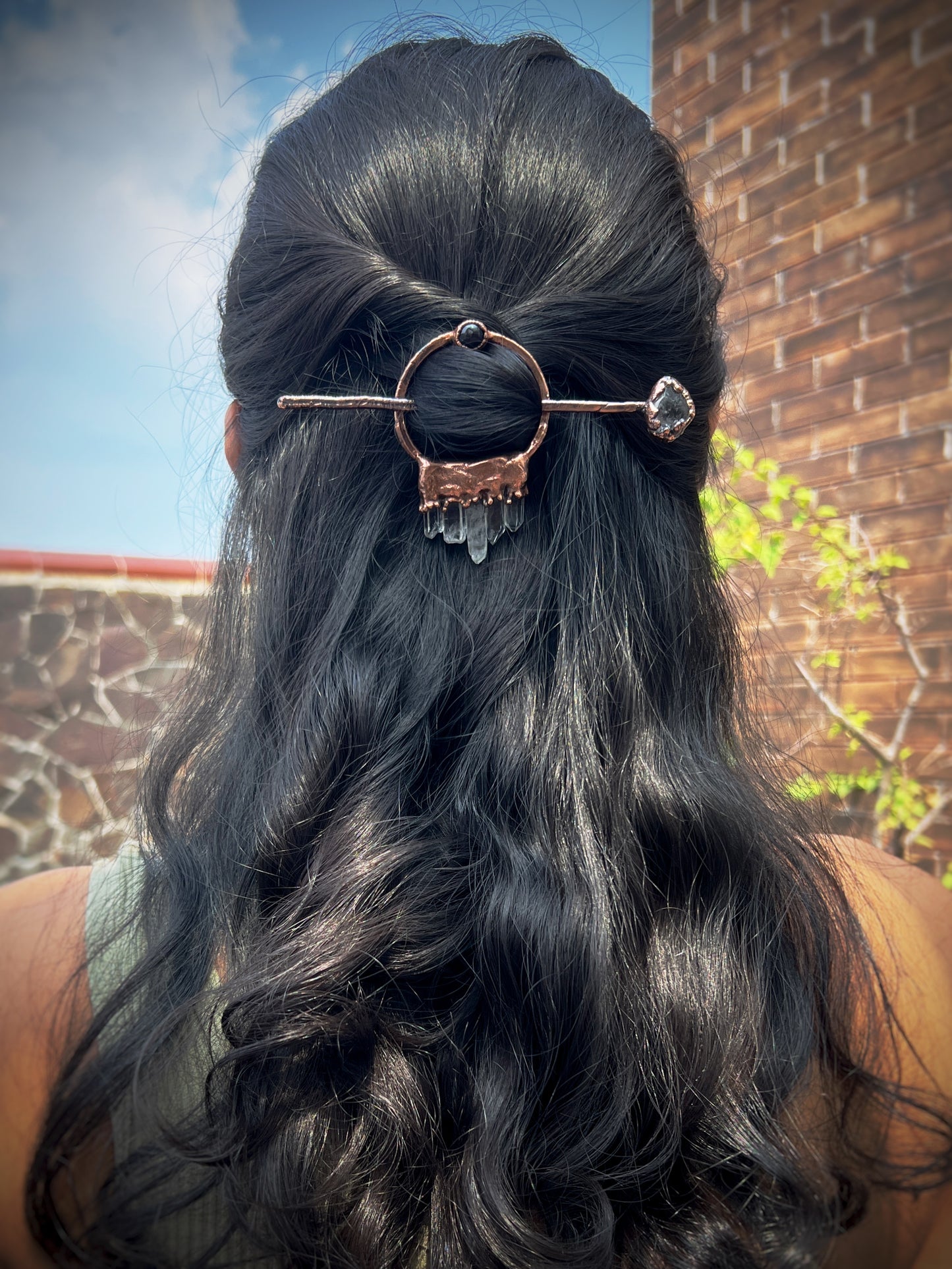 Crystal Hair Brooch / Barrette / Hairpin made of Clear Quartz Seeds and Black Opal in Electroformed Copper