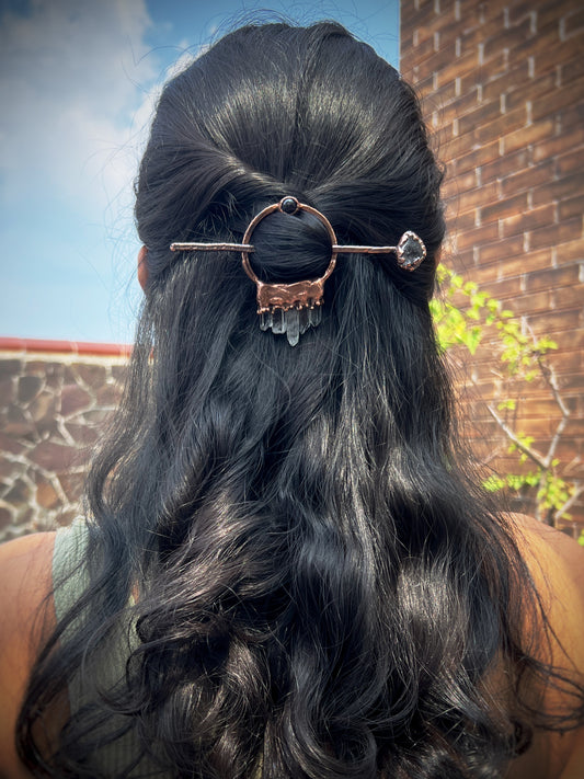 Crystal Hair Brooch / Barrette / Hairpin made of Clear Quartz Seeds and Black Opal in Electroformed Copper