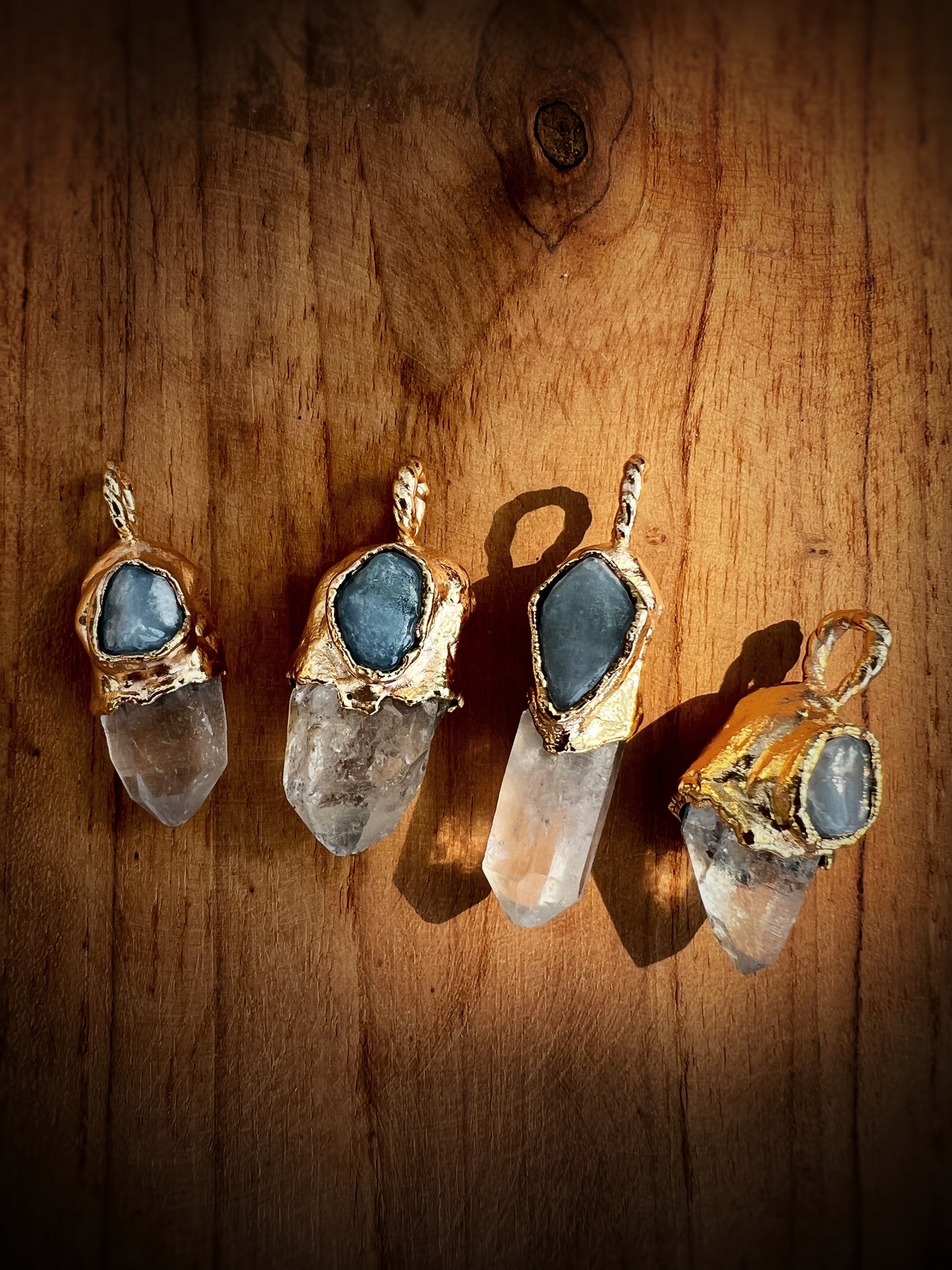 Angelite with Clear Quartz Point on Electroformed Copper Gold Plated Pendant