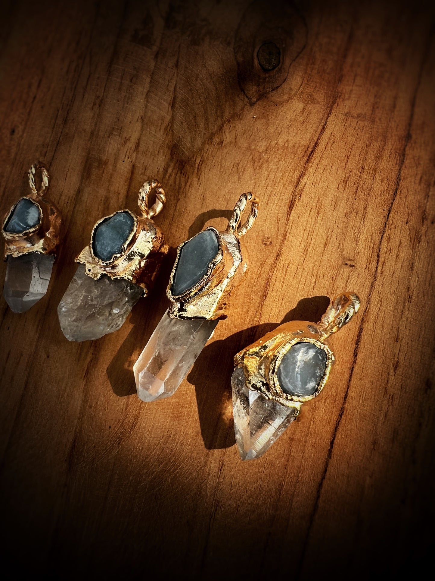 Angelite with Clear Quartz Point on Electroformed Copper Gold Plated Pendant