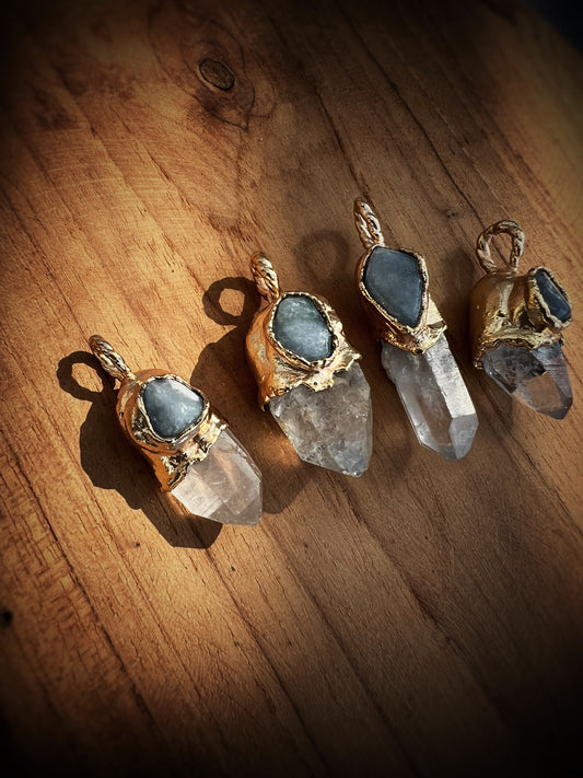 Angelite with Clear Quartz Point on Electroformed Copper Gold Plated Pendant