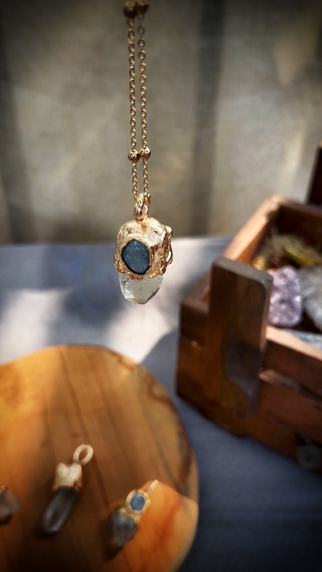 Angelite with Clear Quartz Point on Electroformed Copper Gold Plated Pendant